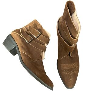Anthropologie Brown Suede Leather Western Ankle Boots Buckle Details Size 8